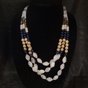Ann Taylor Loft Triple Strand Crystal & Stone Beaded Necklace Blue Tan Gray 30"